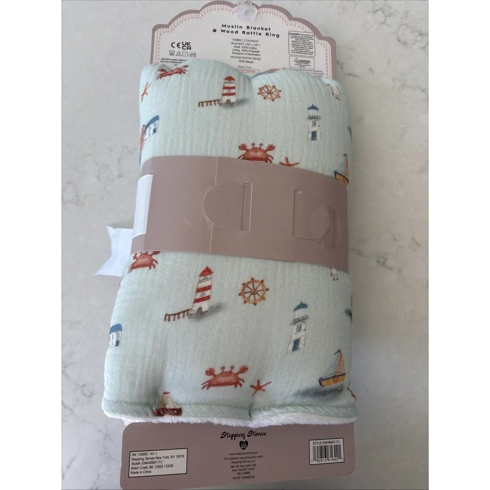 Baby Blanket Muslin Cotton Fleece Lining Sailboats Coastal Bonbini Wood Rattle